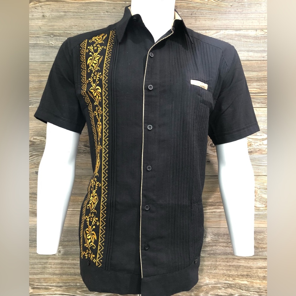 Mexican Guayabera Mens Shirt Black Short Sleeve Gold Embroidery